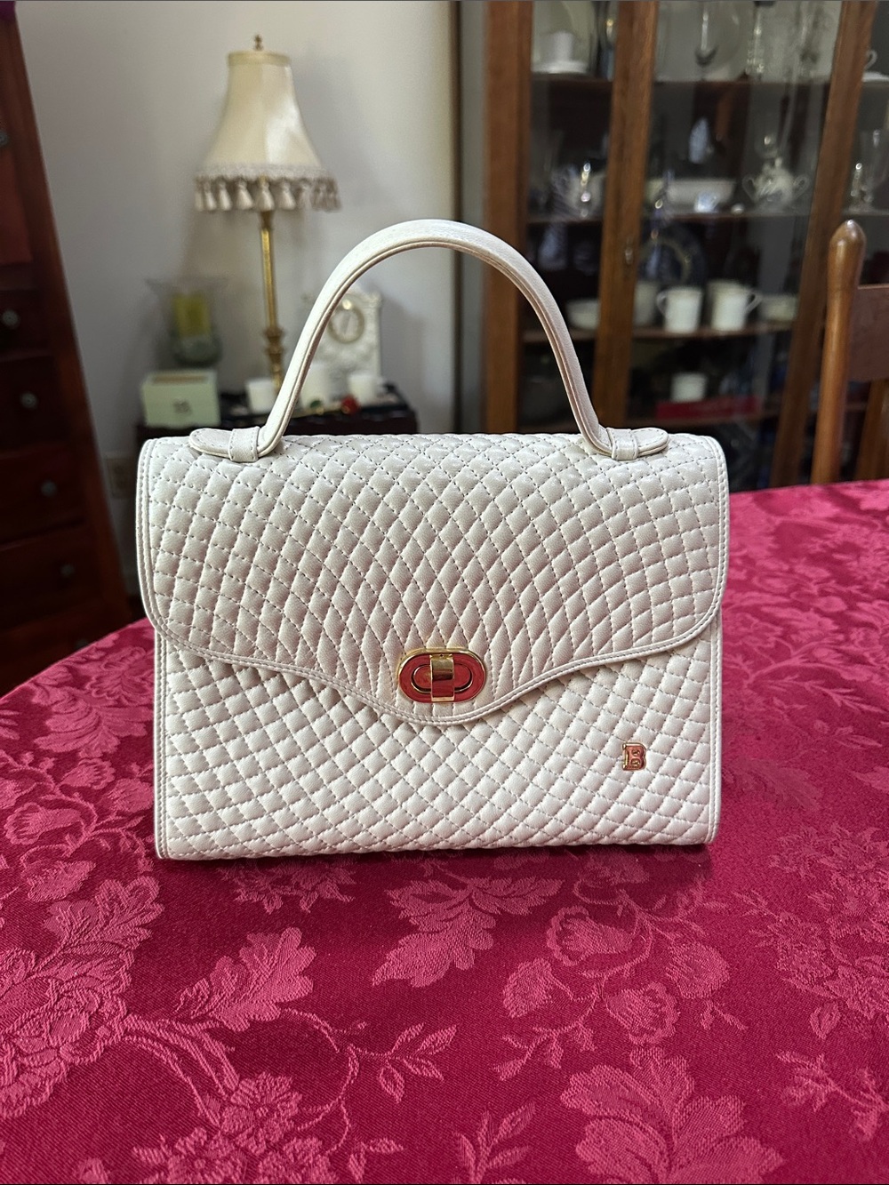 Bally Cream Lambskin Quilted Top Handle Bag